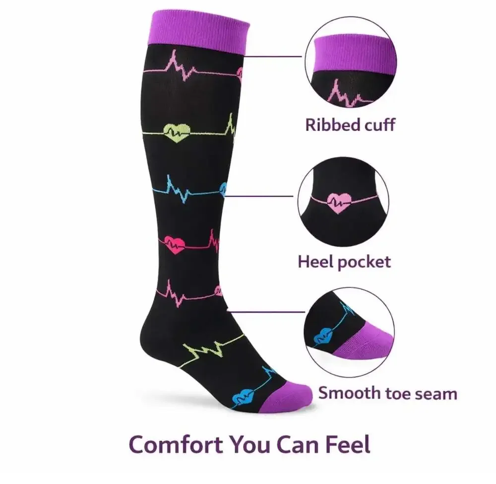 2 Pair EKG Heartbeat Compression Socks S/M Nurse Medical Knee High Bundle